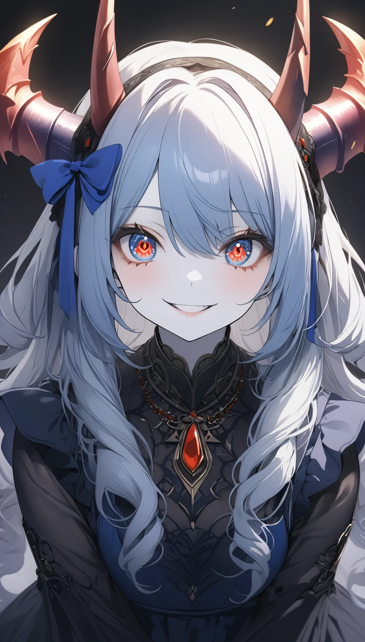 score_9, score_8_up, score_7_up, best quality ,masterpiece, 4k, Japanese anime, 1girl, (white skin:1.2), navy blue hair, medium length hair, blue ribbon, drill hair, wavy hair, (mechanical dragonhorn:1.5), (mechanical wing:1.2), (eye lashes:1.3), (eye shadow:1.3), blue eyes, (beautiful detailed eyes:1.4), evil smiling, 130cm tall, original character, fantasy, (blackbackground:1.2), (full body:1.8), beautiful fingers, standing, (red black lace frill armor dress:1.5), (mechanical headdress:1.5) , shoot from front, looking at viewer ,