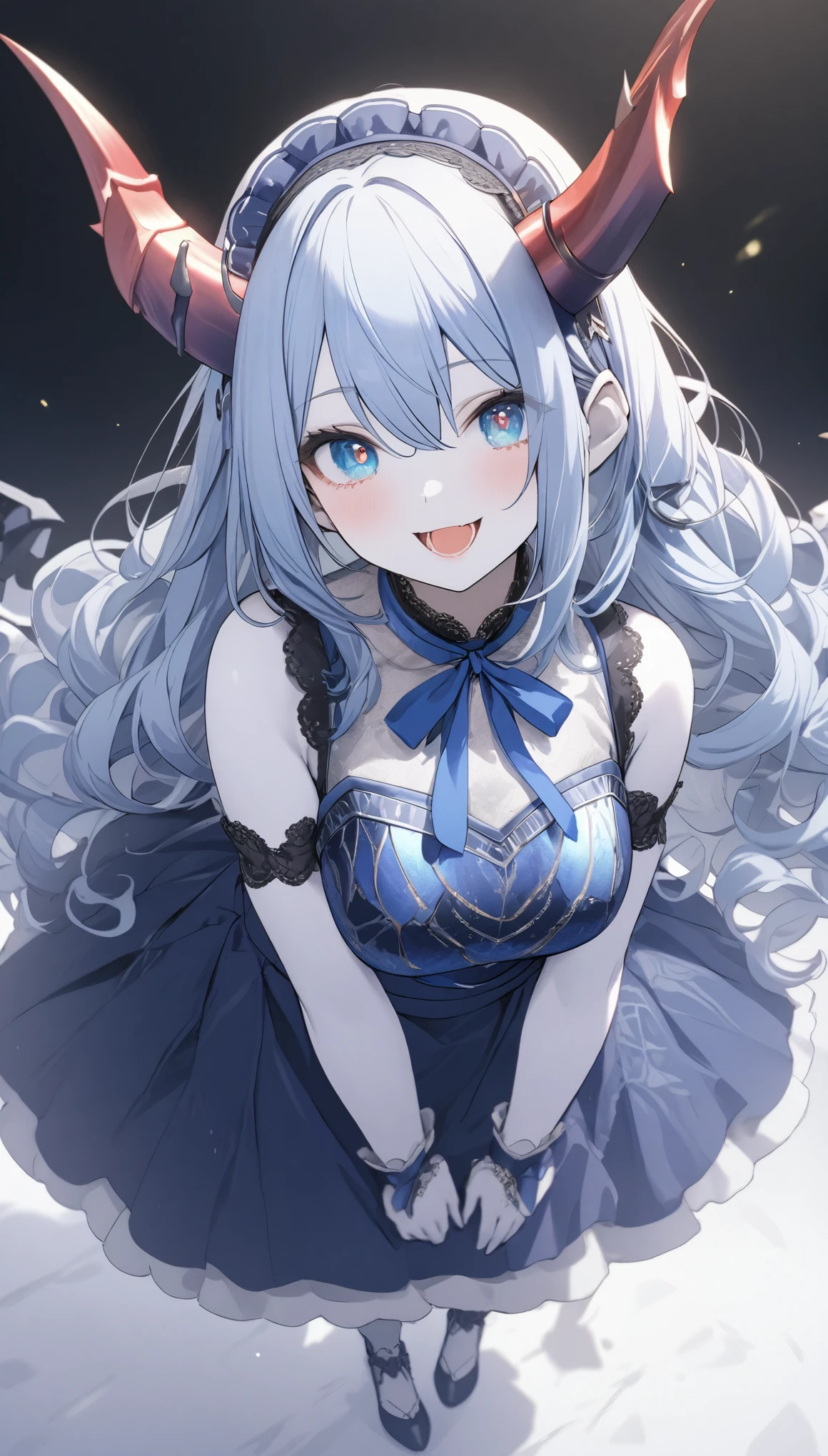score_9, score_8_up, score_7_up, best quality ,masterpiece, 4k, Japanese anime, 1girl, (white skin:1.2), navy blue hair, medium length hair, blue ribbon, drill hair, wavy hair, (mechanical dragonhorn:1.5), (mechanical wing:1.2), (eye lashes:1.3), (eye shadow:1.3), blue eyes, (beautiful detailed eyes:1.4), laugh, 130cm tall, original character, fantasy, (black background:1.2), (full body:1.8), beautiful fingers, standing, (blue black lace frill armor dress:1.5), (mechanical headdress:1.5) , shoot from front, looking at viewer ,