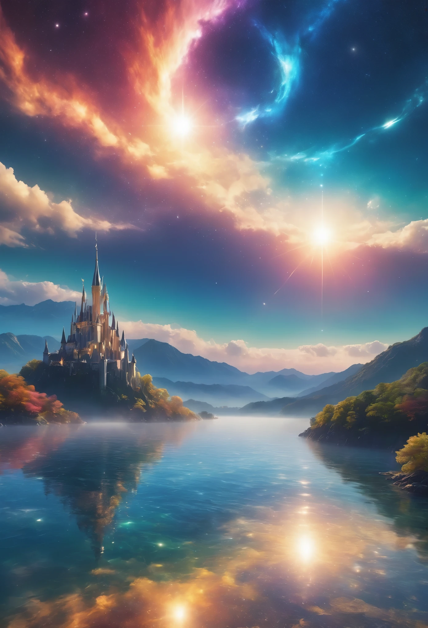 (8k, highest quality, masterpiece, final fantasy style: 1.2), (unRealistic, photoRealistic: 1.37), (one mage lady standing on lake side, huge bouncing bust:1.1), Dreamy landscape, Fantasy, Unsurreal landscapes, Super detailed, Flying medieval castle, Floating Island in the Sky, Seven-colored swirl of light, (流星のMr.に空を舞う光り輝く尾の長い小鳥:1.3), Aurora, Intense lightning, milky way, Complex Light, Mr.々Colored light, Large Lake, Starry sky reflected on the lake surface, Countless shining stars, Meteors, Many meteors, Aura of, (A pillar of light emanated from the ground:1,2), 複雑な文Mr.の魔法陣,