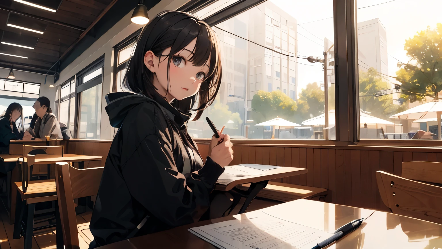 ((highest quality)), ((masterpiece)), (detailed), At the window in the cafe。
しとしとと雨が降る夕景の空を眺めるAt the window in the cafeの風景。
Warm lighting and calming colors。
The street lights are reflected beautifully in the window.。
A woman sits indoors、He is working with a ballpoint pen in one hand.。
Relaxed atmosphere。
about women&#39;Stable、Computers and Notebooks、There is a coffee mug。