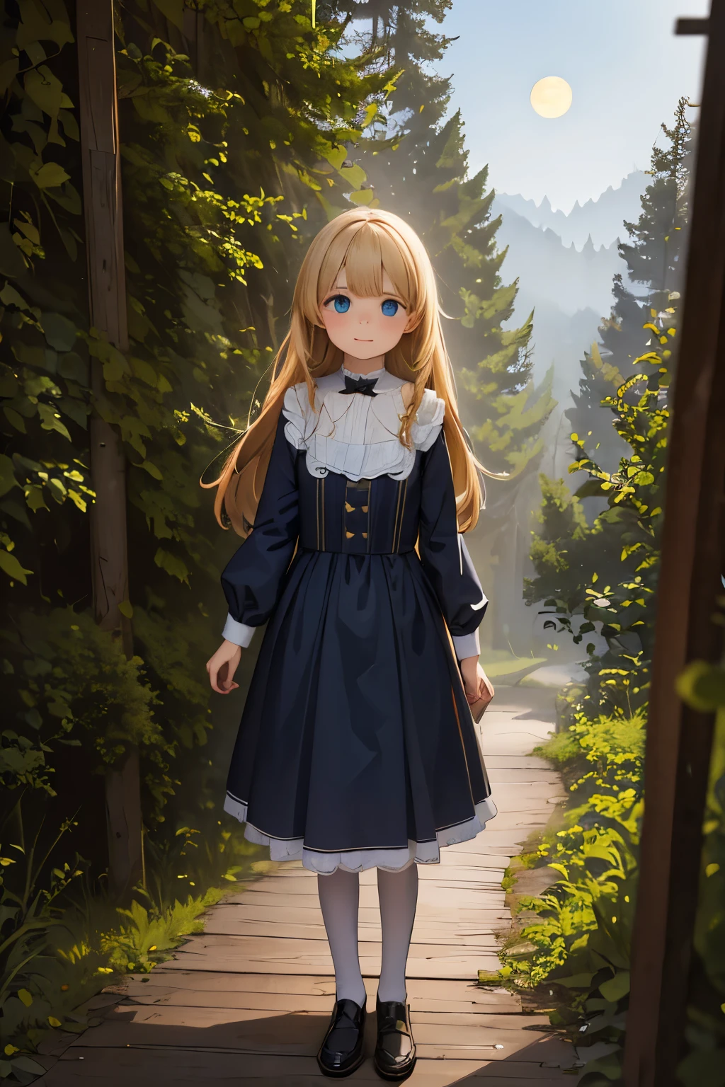 wide angle, detailed reproduction of a forest surrounded by fog up to a height of one meter. clear starry sky with a big full moon, bare trees, winter, two girls, (Virginia Otis, (blond hair, blue eyes)) pose with (16 years oldald (blond hair, green eyes)). Victorian style. thin, cute face, walks at night in Canterville Castle (inspired by the novel The Canterville Ghost). aged 1887, Victorian fantasy