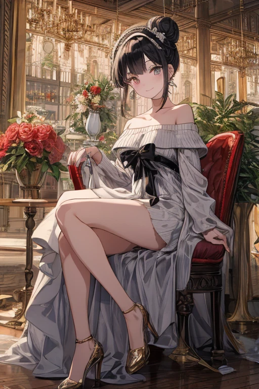 (((Masterpiece))),(((Super Detail))),(((in 8K))),(((best composition))),(((Rim lighting,Fireglow effect,deep shadow))),solo,(Hatsune Miku:1.0),Beautiful fingers,Detailed finger features,(Detailed hair features:1.7),(Dynamic and sexy bending pose:1.3),detailed facial features,detailed clothes features, (perky chest:1.1), (pointed chest:1.3), delicate beautiful face, Bright blue eyes, cute eyes, sparkling eyes, Big eyes, beautiful detailed eyes,double bun with glittering hair ornament,(super detailed glossy skin:1.3),slender body,tits,goddess smile,((with sparkling eyes and a contagious smile)),beautiful posture,have a cup of coffee,black hair, red eyes, dress, bare shoulders, jewelry, collarbone, sidelocks, hairband, earrings, indoors, off shoulder, sweater, arms behind back, plant, short hair with long locks, white hairband, off-shoulder dress, sweater dress, off-shoulder sweater, red sweater, big side hair, very long side hair,(super delicate floral pattern:1.2),seductive cleavage:1.3,beautiful glossy legs,shiny red high heels,lifting dishes with cakesd,french restaurant,hustle and bustle,rising steam,(((depth of fields)))