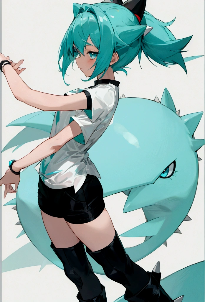 anime female pokemon trainer with short spiky cyan hair, a white short-sleeved shirt, black shorts, black shin boots, and an eevee beside her.