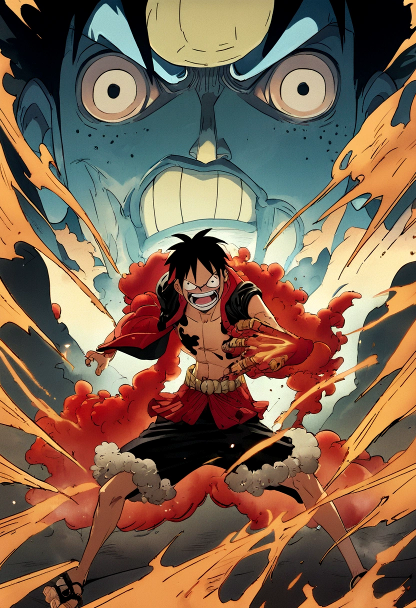Design a gripping poster featuring Luffy from "One Piece" in a fit of rage. Capture the essence of his burning determination and unyielding spirit as he unleashes his wrath upon his enemies. Keep it short, bold, and intense to convey the raw power of Luffy's anger.