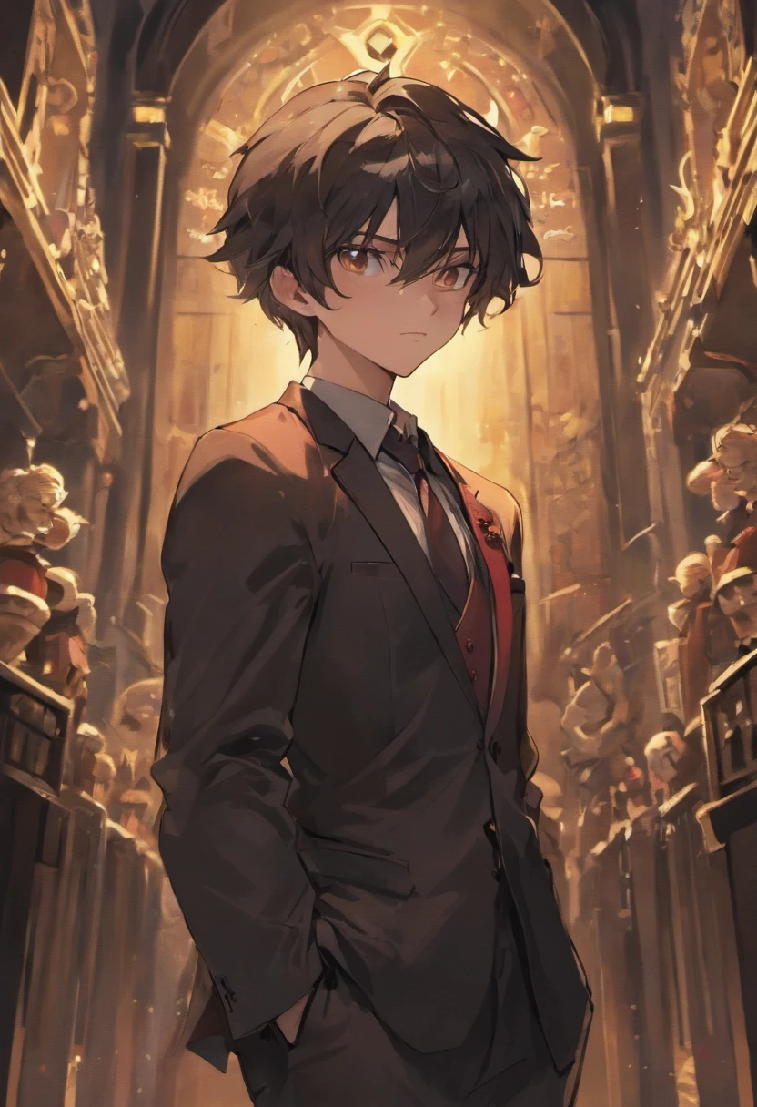 Upper body only shots, 1 boy, office clothes, black jacket, black office pants, black shoes and white shoe soles, black eyes, wearing a crown, black hair, wearing a red cloth on the back, happy, detailed face, detailed eyes, detailed lips, detailed features, detailed clothing, cinematic lighting, highly detailed, photorealistic, 8k, masterpiece, digital art, elegant, regal, powerful, confident, intricate details, warm color palette, dramatic shadows, studio lightingHappy look