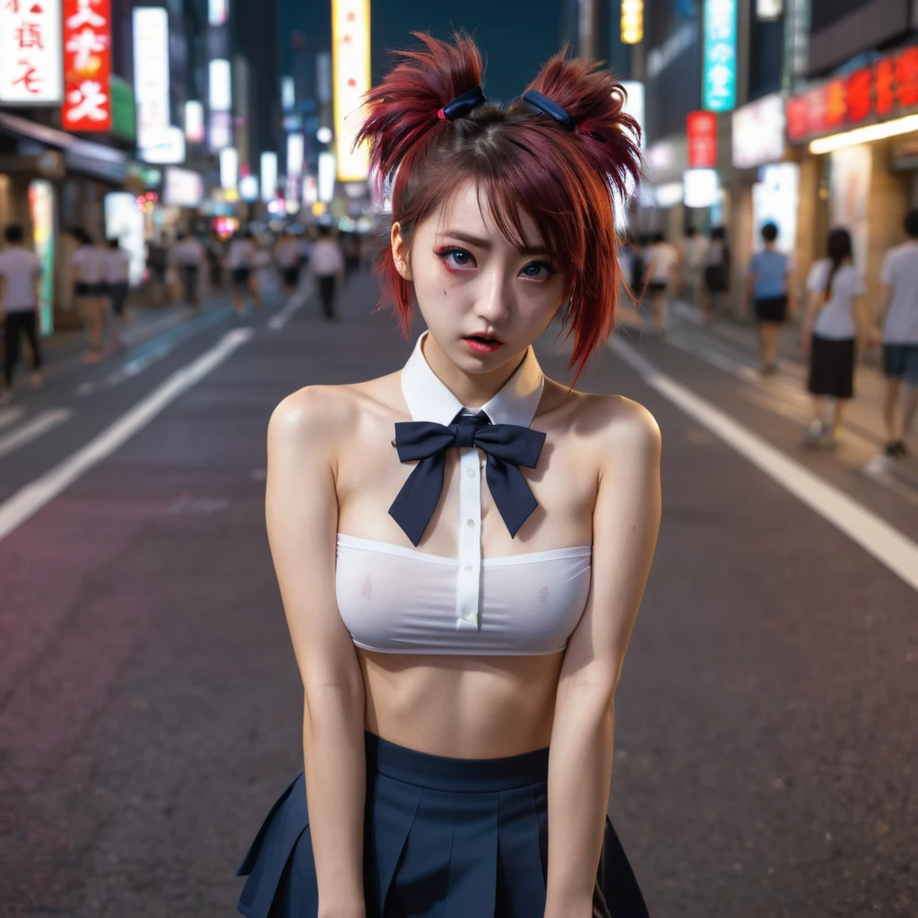 (8k, RAW photo, masterpiece:1.3), (realistic, photo-realistic:1.37), (night), (looking at viewer:1.331), (bloody hair), posing, Tokyo street, nightcityscape, cyberpunk city, soft light, topless girl, extremely beautiful face, bust, put down hands, Random hairstyle, Random expression, big eyes, lower abdomen, (short-sleeved .JK_shirt), JK_style, (dark blue short JK_skirt), (bow JK_tie), mix4., best quality