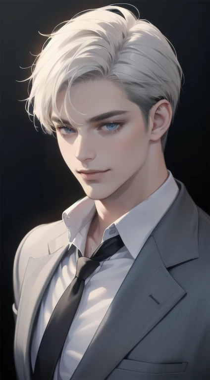 masterpiece, best quality, realistic, 1man, mature male, quiet and charming young man, 34 years old, close his eyes, smile look, extremely detailed face, smirk, ((dark grey blue eyes)), ((short-right-swept dark white hair)), [thick eyebrows], detective, Black background, ((suit)), cinematic lighting
