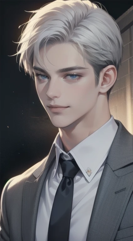 masterpiece, best quality, realistic, 1man, mature male, quiet and charming young man, 34 years old, close his eyes, smile look, extremely detailed face, smirk, ((dark grey blue eyes)), ((short-right-swept dark white hair)), [thick eyebrows], detective, Black background, ((suit)), cinematic lighting