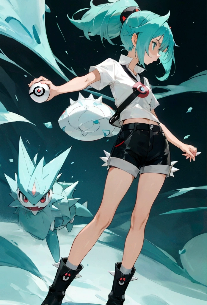 anime female pokemon trainer with short spiky cyan hair, a white short-sleeved shirt, black shorts, black shin boots, with an eevee, and holding a pokeball