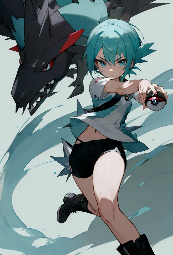 anime female pokemon trainer with short spiky cyan hair, a white short-sleeved shirt, black shorts, black shin boots, with an eevee, and holding a pokeball