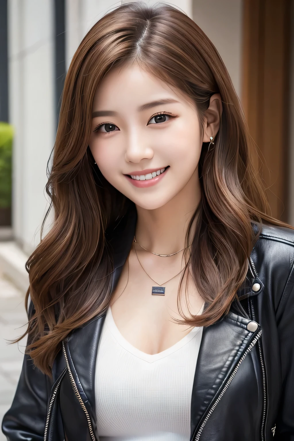 20Beautiful young woman of the year、 Korean women、Light brown hair、Wavy Hair、Necklace around the neck、leather jacket、shirt、smile, Beautiful teeth alignment、Intricate details, Very detailed:1.2), 、 Looking into the camera,The background is the town