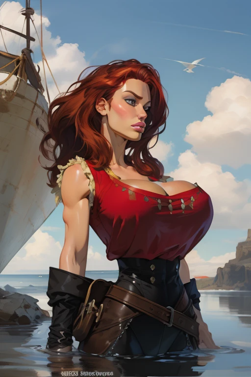 Girl with wavy red hair and rebellious, ((hair slicked back)), Caucasian woman,ice blue eyes and tanned skin, round breasts, pirate style clothes, (gigantic breasts), background with clouds, realistic style.