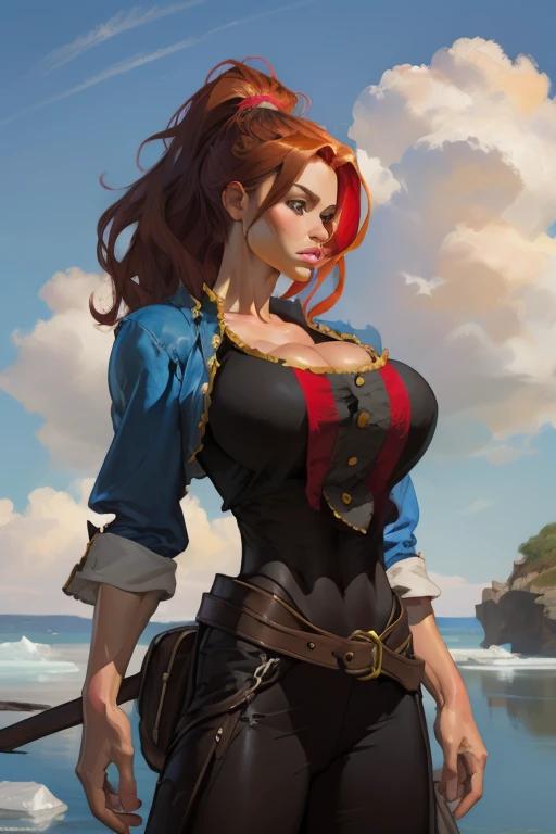 Girl with wavy red hair and rebellious, ((hair slicked back)), Caucasian woman,ice blue eyes and tanned skin, round breasts, pirate style clothes, (gigantic breasts), background with clouds, realistic style.