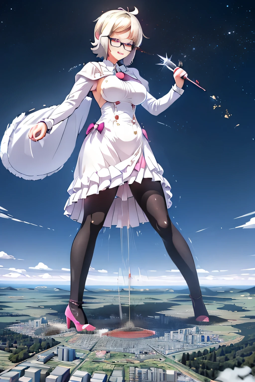giantess art, highly detailed giantess shots, giantess, Two legs, Five fingers, short hair, A beautiful girl who is bigger than a skyscraper, Wearing rimless glasses, smile, huge breasts, blue and white dress, bow, magical girl, holding a magical wand, black pantyhose, blue stiletto heels, thunderbolt from a magical wand, Destroying cities, Under heavy attack but unharmed, A very small big city, Miniature metropolis, Full body description, GTS, giga giantess, stomping city, crash city, tiny city, micro city, pantyhose feet, High resolution, highest quality, masterpiece, peeing self,