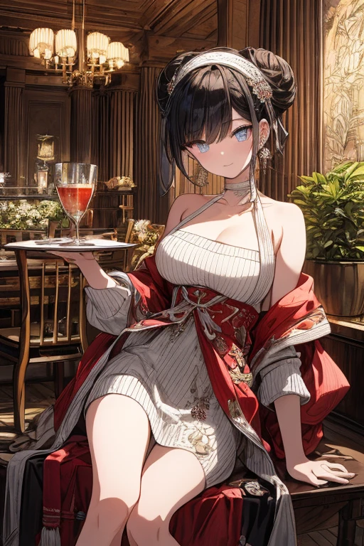 (((Masterpiece))),(((Super Detail))),(((in 8K))),(((best composition))),(((Rim lighting,Fireglow effect,deep shadow))),solo),Beautiful fingers,Detailed finger features,(Detailed hair features:1.7),(Dynamic and sexy bending pose:1.3),detailed facial features,detailed clothes features, (perky chest:1.1), (pointed chest:1.3), delicate beautiful face, Bright blue eyes, cute eyes, sparkling eyes, Big eyes, beautiful detailed eyes,double bun with glittering hair ornament:0.6,(super detailed glossy skin:1.3),slender body,goddess smile,((with sparkling eyes and a contagious smile)),beautiful posture,have a cup of coffee,black hair, red eyes, dress, bare shoulders, jewelry, collarbone, sidelocks, hairband, earrings, indoors, off shoulder, sweater, arms behind back, plant, short hair with long locks, white hairband, off-shoulder dress, sweater dress, off-shoulder sweater, red sweater, big side hair, very long side hair,(super delicate floral pattern:1.2),seductive cleavage:1.3,beautiful glossy legs,shiny red high heels,lifting dishes with cakesd,french restaurant,hustle and bustle,rising steam,(((depth of fields)))
