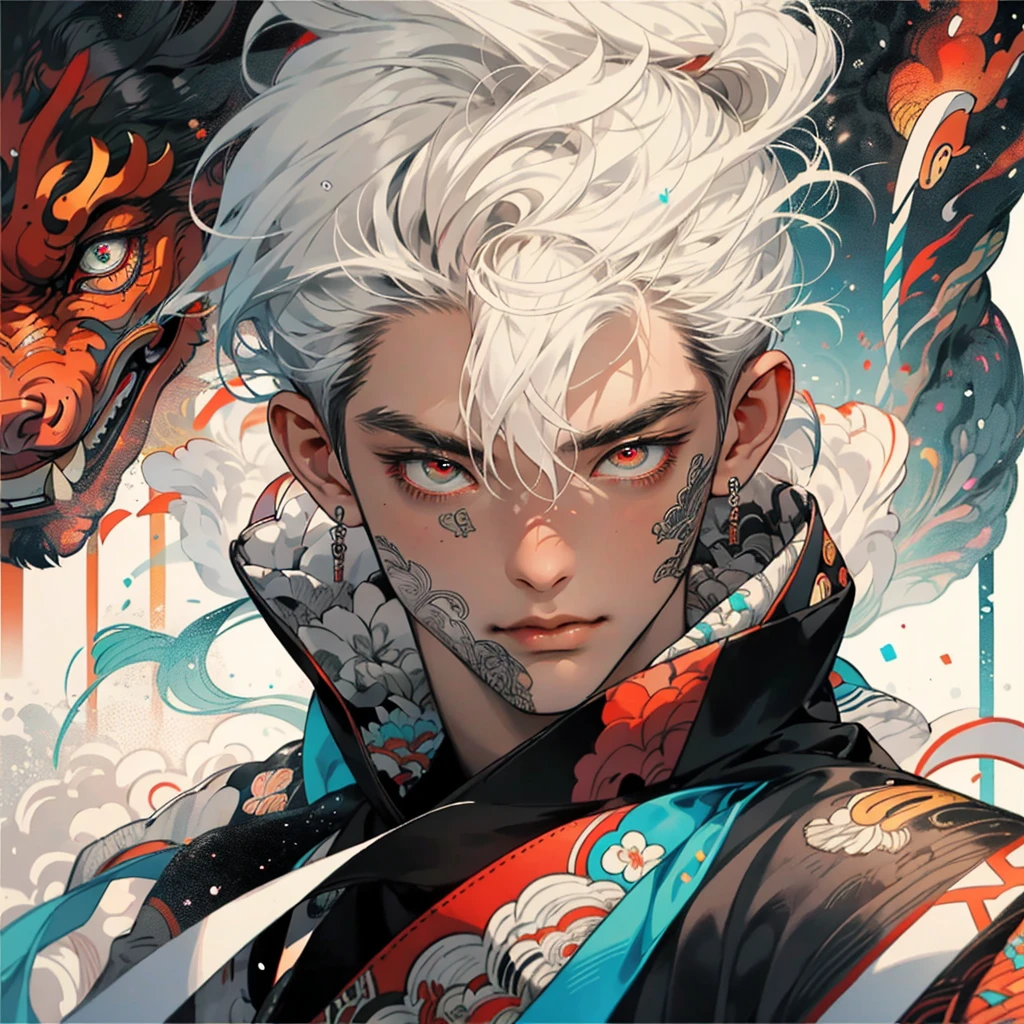 Realism, masterpiece, best quality, beauty and aesthetics, very detailed, fractal art, colorful, most detailed, zentangle, abstract background: 1.5, 1 boy: 1.3, god, white hair, short hair, glowing red eyes, mysterious, magical, ice, handsome man, asian style