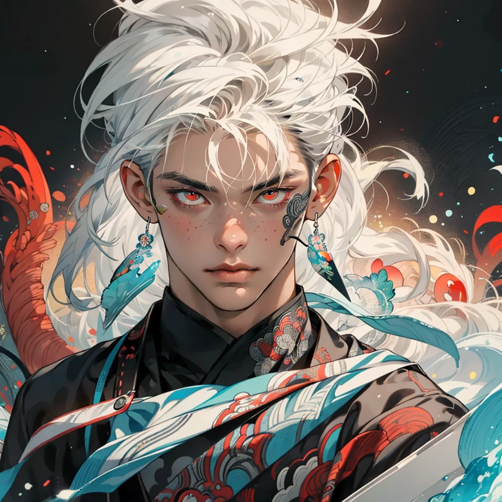 Realism, masterpiece, best quality, beauty and aesthetics, very detailed, fractal art, colorful, most detailed, zentangle, abstract background: 1.5, 1 boy: 1.3, god, white hair, short hair, glowing red eyes, mysterious, magical, ice, handsome man, asian style