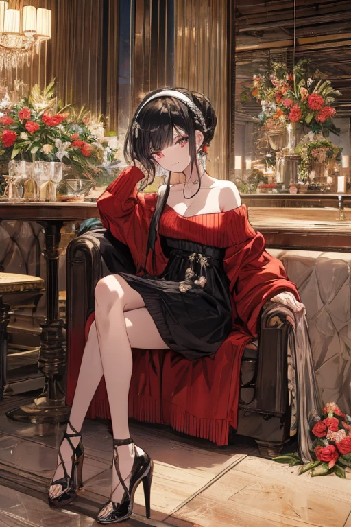 (((Masterpiece))),(((Super Detail))),(((in 8K))),(((best composition))),(((Rim lighting,Fireglow effect,deep shadow))),solo),Beautiful fingers,Detailed finger features,(Detailed hair features:1.7),(Dynamic and sexy bending pose:1.3),detailed facial features,detailed clothes features, (perky chest:1.1), (pointed chest:1.3), delicate beautiful face, Bright blue eyes, cute eyes, sparkling eyes, Big eyes, beautiful detailed eyes,double bun with glittering hair ornament:0.6,(super detailed glossy skin:1.3),slender body,goddess smile,((with sparkling eyes and a contagious smile)),beautiful posture,have a cup of coffee,black hair, red eyes, dress, bare shoulders, jewelry, collarbone, sidelocks, hairband, earrings, indoors, off shoulder, sweater, arms behind back, plant, short hair with long locks, white hairband, off-shoulder dress, sweater dress, off-shoulder sweater, red sweater, big side hair, very long side hair,(super delicate floral pattern:1.2),seductive cleavage:1.3,beautiful glossy legs,shiny red high heels,lifting dishes with cakesd,french restaurant,hustle and bustle,rising steam,(((depth of fields)))

