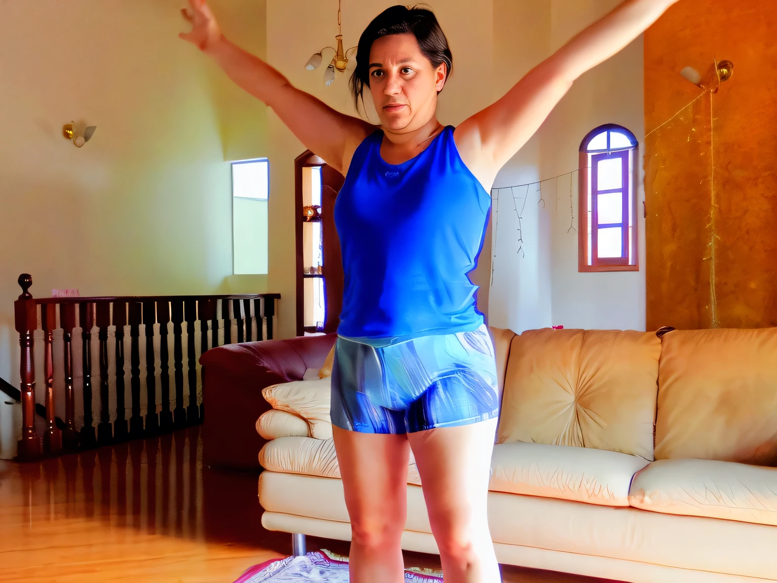 woman standing on a scale in a living room with a couch, cottagecore!! fitness body, centered full body pose, dramatic standing pose, full body sarcastic pose, by Gina Pellón, frontal pose, standing pose, full body wide shot, standing athletic pose, full body with dynamic pose, dynamic moving pose, centered full-body shot, symmetrical pose