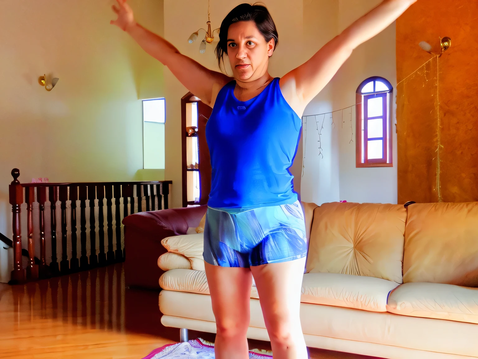 woman standing on a scale in a living room with a couch, cottagecore!! fitness body, centered full body pose, dramatic standing pose, full body sarcastic pose, by Gina Pellón, frontal pose, standing pose, full body wide shot, standing athletic pose, full body with dynamic pose, dynamic moving pose, centered full-body shot, symmetrical pose