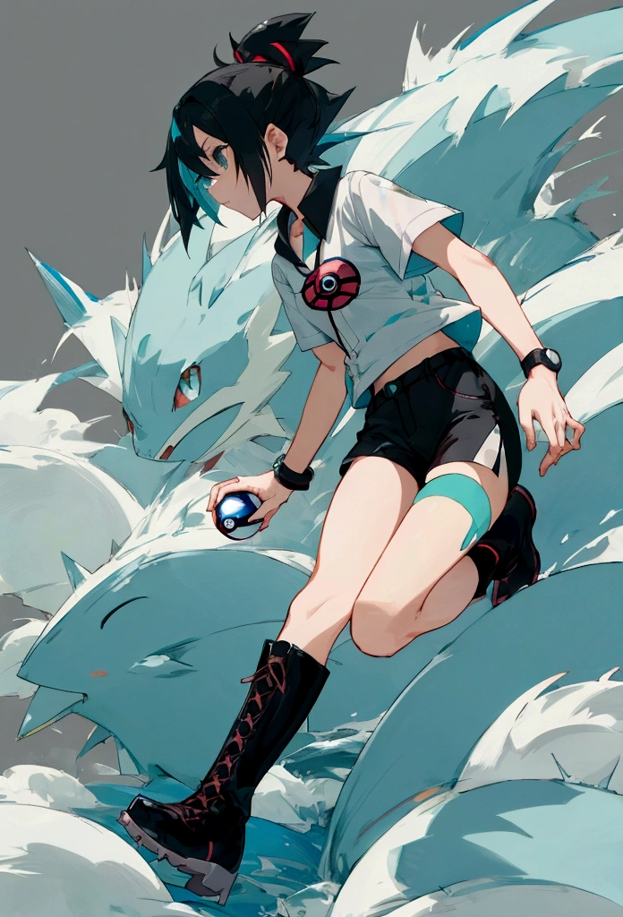 anime female pokemon trainer with short spiky cyan hair, a white short-sleeved shirt, black shorts, black shin boots, with a brown eevee by her side, and holding a pokeball