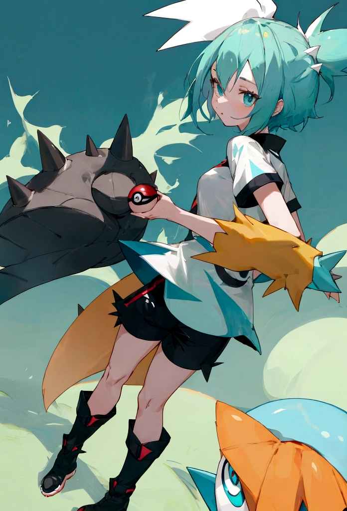 anime female pokemon trainer with short spiky cyan hair, a white short-sleeved shirt, black shorts, black shin boots, with a brown eevee by her side, and holding a pokeball