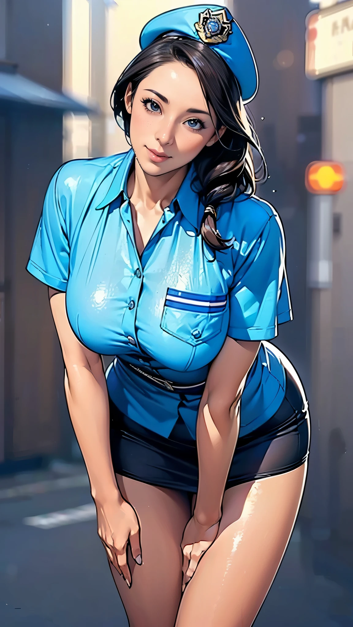 (masterpiece:1.2, highest quality), (Realistic, photoRealistic:1.4),Beautiful illustrations,(Natural Side Lighting, Cinema Lighting),1 female,Japanese,Mature Woman,Female police officer on patrol,48 years old,Perfect Face, Symmetrical face, Shiny skin,Random Hairstyles,Big eyes,Sexy Eyes,(smile),(whole body),break((Police Officer Shirt)),((A tight mini skirt made from very thin fabric)),(Police hat),(Police Pantyhose),(The background is a street corner:1.5),(((Background Blur:1.5))),((Police uniform)),break(((front:1.5))),(((Leaning forward))),(Beautiful hand painting)