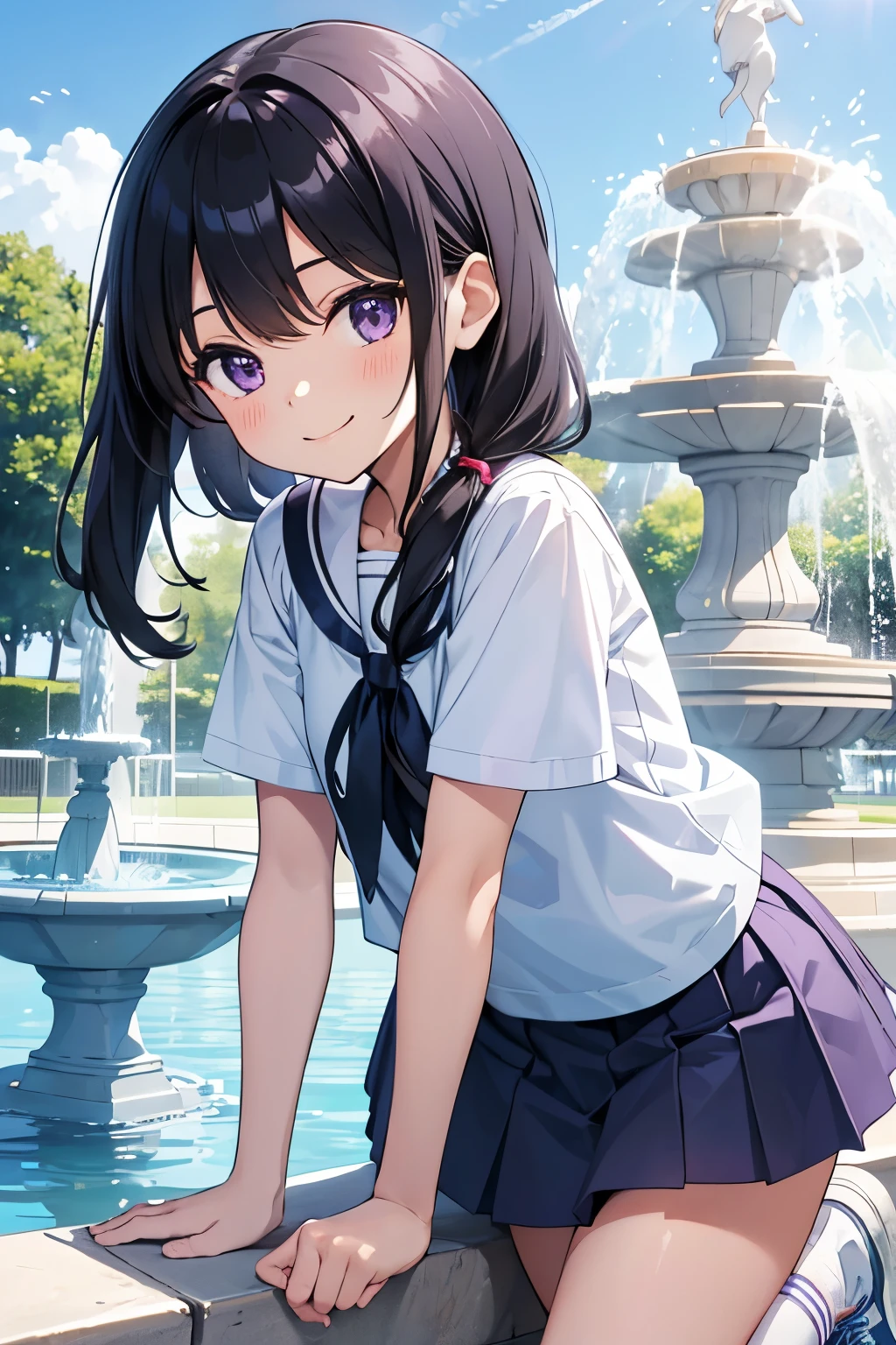 Elementary school girl, , flat chest, black hair, long hair, purple eyes, smiling(1 person) Plain white short-sleeved T-shirt on the upper body Light blue mini skirt White panties, white socks, sneakers, in front of the park fountain Standing Fountain Splashes Dynamic angle Low angle