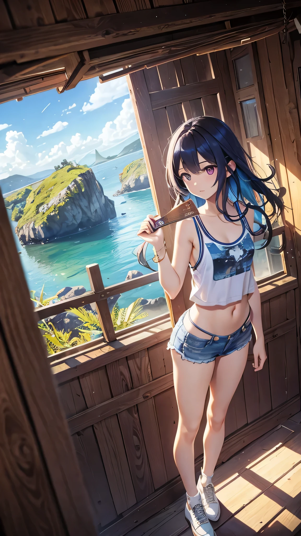 Highest quality、Highest quality、Masterpiece、girl((20-year-old、as soon as、Highest Bust、Medium Bust、Wide open chest、Red glowing eyes、Light Blue Hair、Disheveled Hair、Loincloth、thin、The best valley、Open chest、Full body view、White shorts、White tank top、Lie))、high quality、Beautiful Art、background((Wooden house、Wooden house具、Fan、White Curtains))、Depth((Ocean)),flight、Flying Debris、Depth of text、movie、Visual Arts、Perfect Art、8K、Genuine、Special Angles