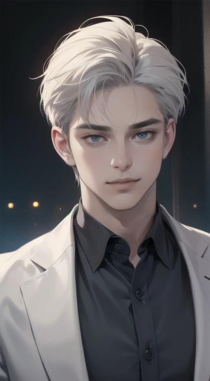 masterpiece, best quality, realistic, 1man, mature male, quiet and charming young man, 34 years old, close his eyes, smile look, extremely detailed face, smirk, ((dark grey blue eyes)), ((short-right-swept dark white hair)), [thick eyebrows], detective, Black background, ((suit)), cinematic lighting