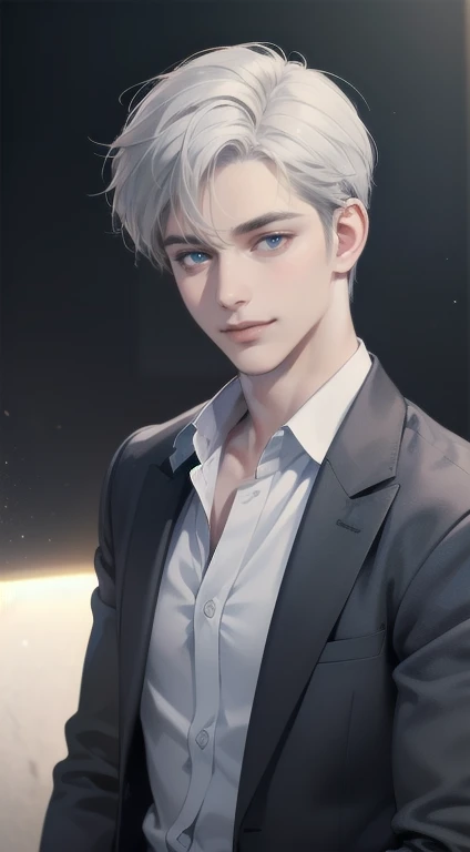 masterpiece, best quality, realistic, 1man, mature male, quiet and charming young man, 34 years old, close his eyes, smile look, extremely detailed face, smirk, ((dark grey blue eyes)), ((short-right-swept dark white hair)), [thick eyebrows], detective, Black background, ((suit)), cinematic lighting