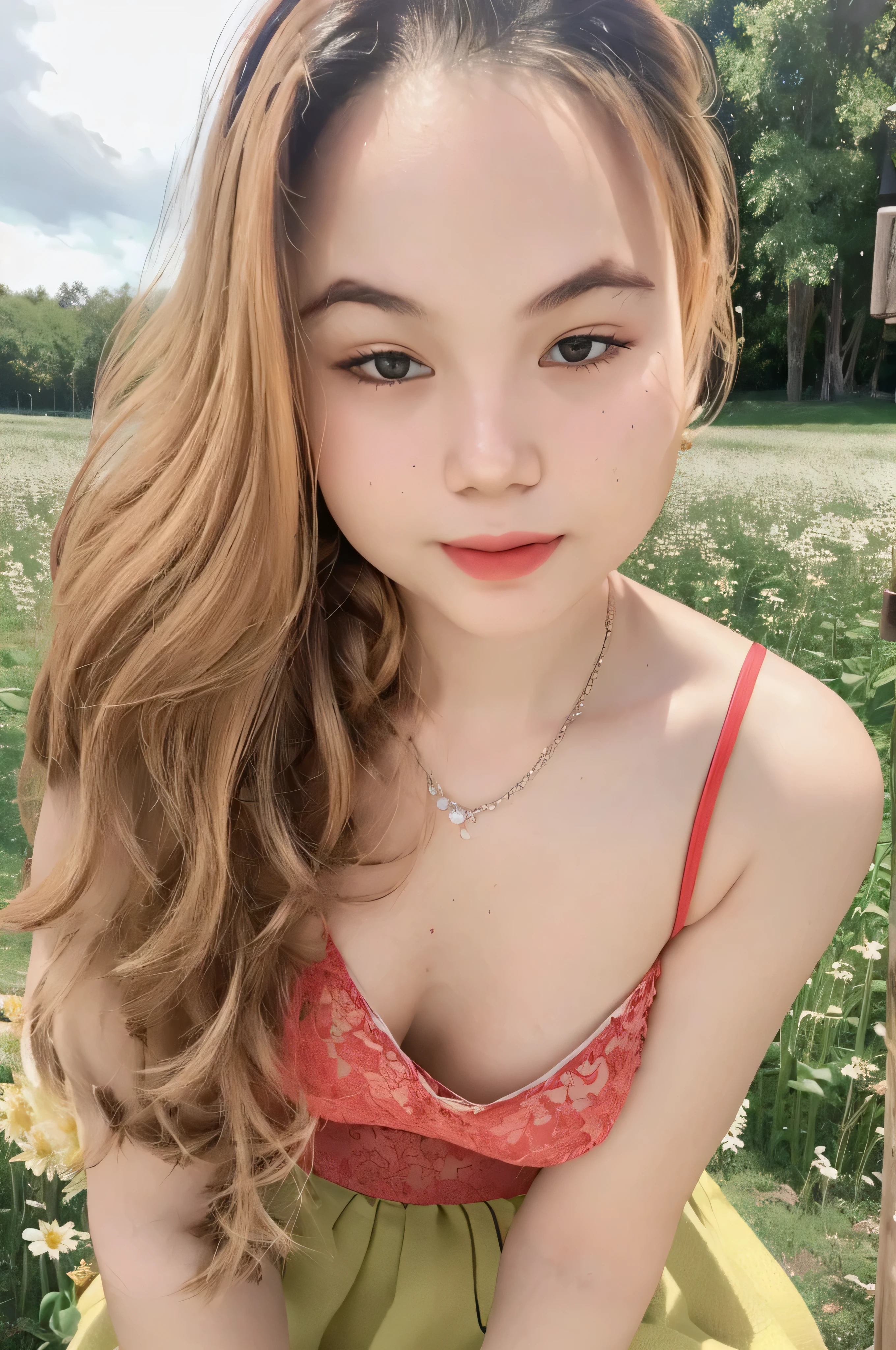 Cute woman, (elegant, pretty face, no forehead), red curly hair, (long hair), ((Delicate skin, Texture)), full body, lace camisole top, mini skirt, outdoor, flower field, Super detailed, (Intricate details, fine details, Super detailed), Ray tracing, subsurface scattering, Diffuse soft light, Shallow depth of field, sharp focus bokeh, (Realistic photo quality:1.4)