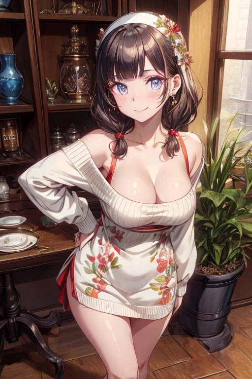(((Masterpiece))),(((Super Detail))),(((in 8K))),(((best composition))),(((Rim lighting,Fireglow effect,deep shadow))),solo),Beautiful fingers,Detailed finger features,(Detailed hair features:1.7),(Dynamic and sexy bending pose:1.3),detailed facial features,detailed clothes features, (perky chest:1.1), (pointed chest:1.3), delicate beautiful face, Bright blue eyes, cute eyes, sparkling eyes, Big eyes, beautiful detailed eyes,double bun with glittering hair ornament:0.6,(super detailed glossy skin:1.3),slender body,goddess smile,((with sparkling eyes and a contagious smile)),beautiful posture,have a cup of coffee,black hair, red eyes, dress, bare shoulders, jewelry, collarbone, sidelocks, hairband, earrings, indoors, off shoulder, sweater, arms behind back, plant, short hair with long locks, white hairband, off-shoulder dress, sweater dress, off-shoulder sweater, red sweater, big side hair, very long side hair,(super delicate floral pattern:1.2),seductive cleavage:1.3,beautiful glossy legs,shiny red high heels,lifting dishes with cakesd,french restaurant,hustle and bustle,rising steam,(((depth of fields)))