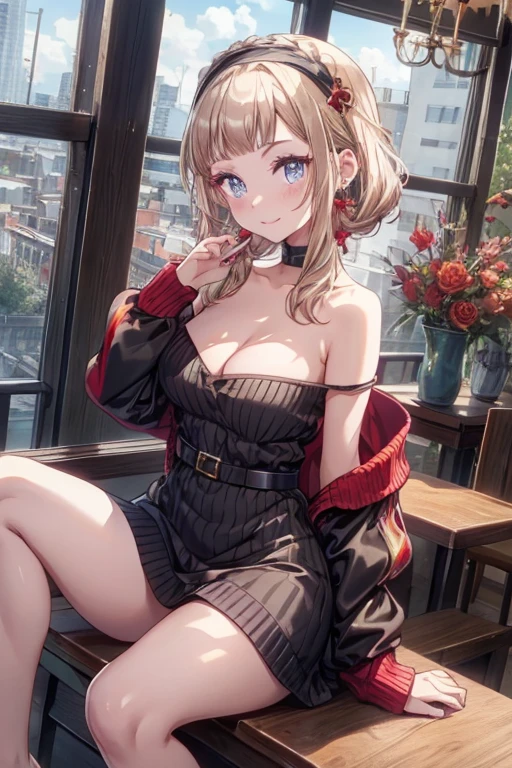 (((Masterpiece))),(((Super Detail))),(((in 8K))),(((best composition))),(((Rim lighting,Fireglow effect,deep shadow))),solo),Beautiful fingers,Detailed finger features,(Detailed hair features:1.7),(Dynamic and sexy bending pose:1.3),detailed facial features,detailed clothes features, (perky chest:1.1), (pointed chest:1.3), delicate beautiful face, Bright blue eyes, cute eyes, sparkling eyes, Big eyes, beautiful detailed eyes,double bun with glittering hair ornament:0.6,(super detailed glossy skin:1.3),slender body,goddess smile,((with sparkling eyes and a contagious smile)),beautiful posture,have a cup of coffee,black hair, red eyes, dress, bare shoulders, jewelry, collarbone, sidelocks, hairband, earrings, indoors, off shoulder, sweater, arms behind back, plant, short hair with long locks, white hairband, off-shoulder dress, sweater dress, off-shoulder sweater, red sweater, big side hair, very long side hair,(super delicate floral pattern:1.2),seductive cleavage:1.3,beautiful glossy legs,shiny red high heels,lifting dishes with cakesd,french restaurant,hustle and bustle,rising steam,(((depth of fields)))