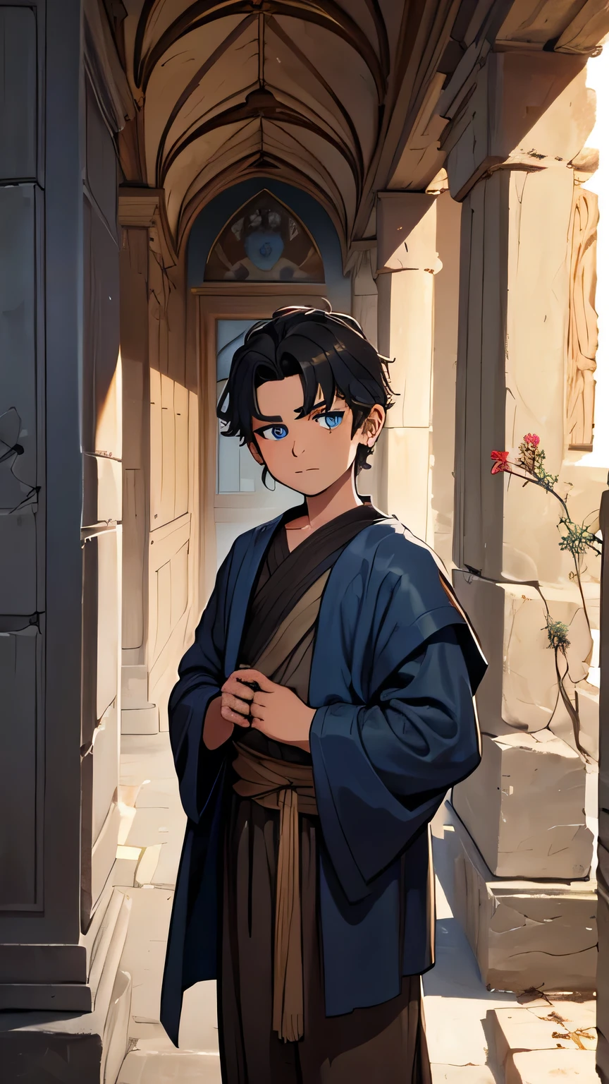 8 year old boy, blue eyes, dark gray hair, dressed in poor brown clothes from the 1st century AD. in an ancient dark Greek house from the 1st century AD, the walls are made of dark house stone
