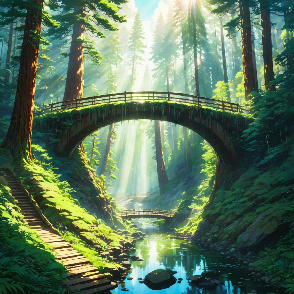 Giant Sequoia, Giant wood, forest, green, Light, Sunlight filtering through the trees, fog, trail, stream, bridge, Home, building, Remains, robot, Living things, animal, bird, null, cloud, Fantasy, mysterious, Nostalgic, warm, kind, beautiful, Ghibli,beautiful Anime Scenery, Landscape painting, beautifulデジタル絵画, Andreas Rocha, beautifulアートワークのイラスト, Awesome Wallpapers, Raymond Han, 背の高いbeautiful絵画, Studio Greeble Makoto Shinkai, beautiful壁紙, Anime Scenery