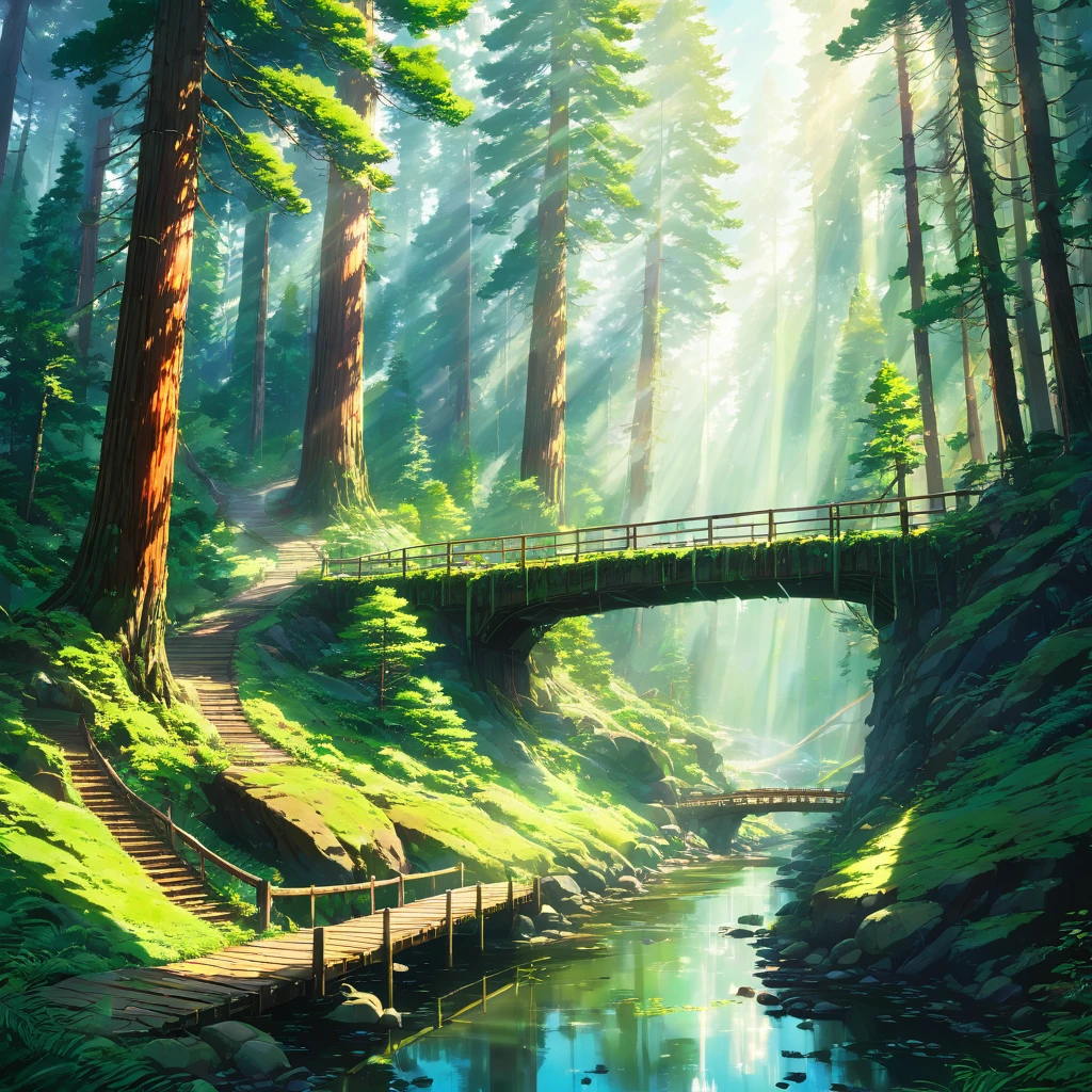 Giant Sequoia, Giant wood, forest, green, Light, Sunlight filtering through the trees, fog, trail, stream, bridge, Home, building, Remains, robot, Living things, animal, bird, null, cloud, Fantasy, mysterious, Nostalgic, warm, kind, beautiful, Ghibli,beautiful Anime Scenery, Landscape painting, beautifulデジタル絵画, Andreas Rocha, beautifulアートワークのイラスト, Awesome Wallpapers, Raymond Han, 背の高いbeautiful絵画, Studio Greeble Makoto Shinkai, beautiful壁紙, Anime Scenery