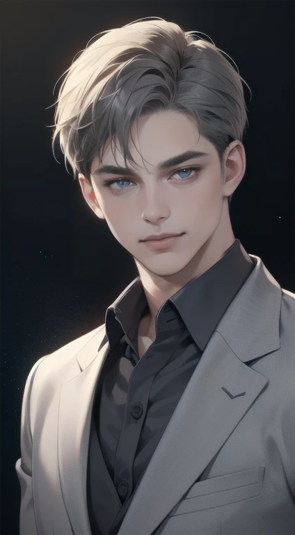 masterpiece, best quality, realistic, 1man, mature male, quiet and charming young man, 34 years old, close his eyes, smile look, extremely detailed face, smirk, ((dark grey blue eyes)), ((short-right-swept dark grey hair)), [thick eyebrows], detective, Black background, ((suit)), cinematic lighting