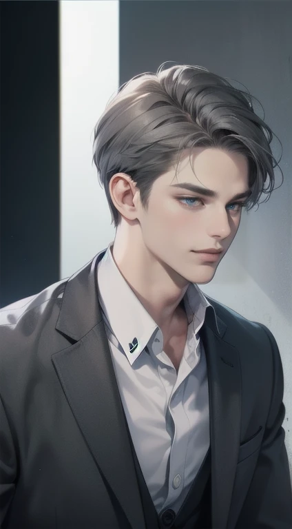 masterpiece, best quality, realistic, 1man, mature male, quiet and charming young man, 34 years old, close his eyes, smile look, extremely detailed face, smirk, ((dark grey blue eyes)), ((short-right-swept dark grey hair)), [thick eyebrows], detective, Black background, ((suit)), cinematic lighting