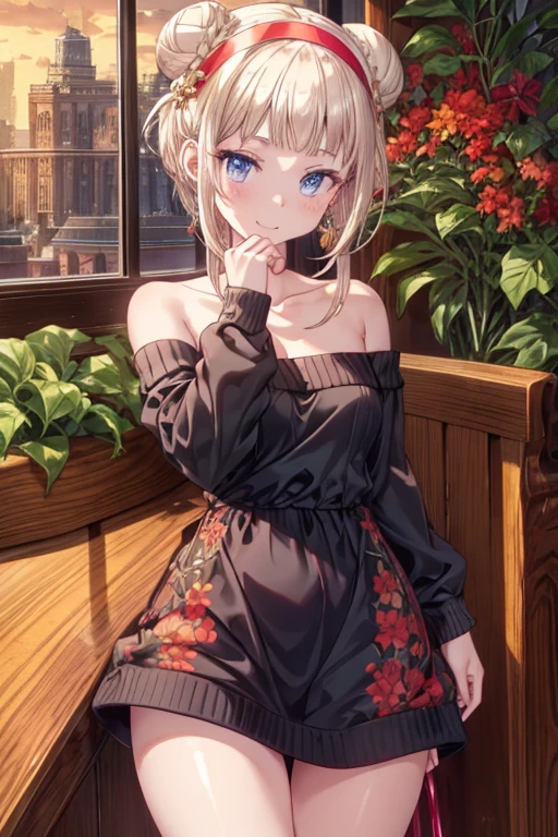 (((Masterpiece))),(((Super Detail))),(((in 8K))),(((best composition))),(((Rim lighting,Fireglow effect,deep shadow))),solo),Beautiful fingers,Detailed finger features,(Detailed hair features:1.7),(Dynamic and sexy bending pose:1.3),detailed facial features,detailed clothes features, (perky chest:1.1), (pointed chest:1.3), delicate beautiful face, Bright blue eyes, cute eyes, sparkling eyes, Big eyes, beautiful detailed eyes,double bun with glittering hair ornament:0.6,(super detailed glossy skin:1.3),slender body,goddess smile,((with sparkling eyes and a contagious smile)),beautiful posture,have a cup of coffee,black hair, red eyes, dress, bare shoulders, jewelry, collarbone, sidelocks, hairband, earrings, indoors, off shoulder, sweater, arms behind back, plant, short hair with long locks, white hairband, off-shoulder dress, sweater dress, off-shoulder sweater, red sweater, big side hair, very long side hair,(super delicate floral pattern:1.2),seductive cleavage:1.3,beautiful glossy legs,shiny red high heels,lifting dishes with cakesd,french restaurant,hustle and bustle,rising steam,(((depth of fields)))
