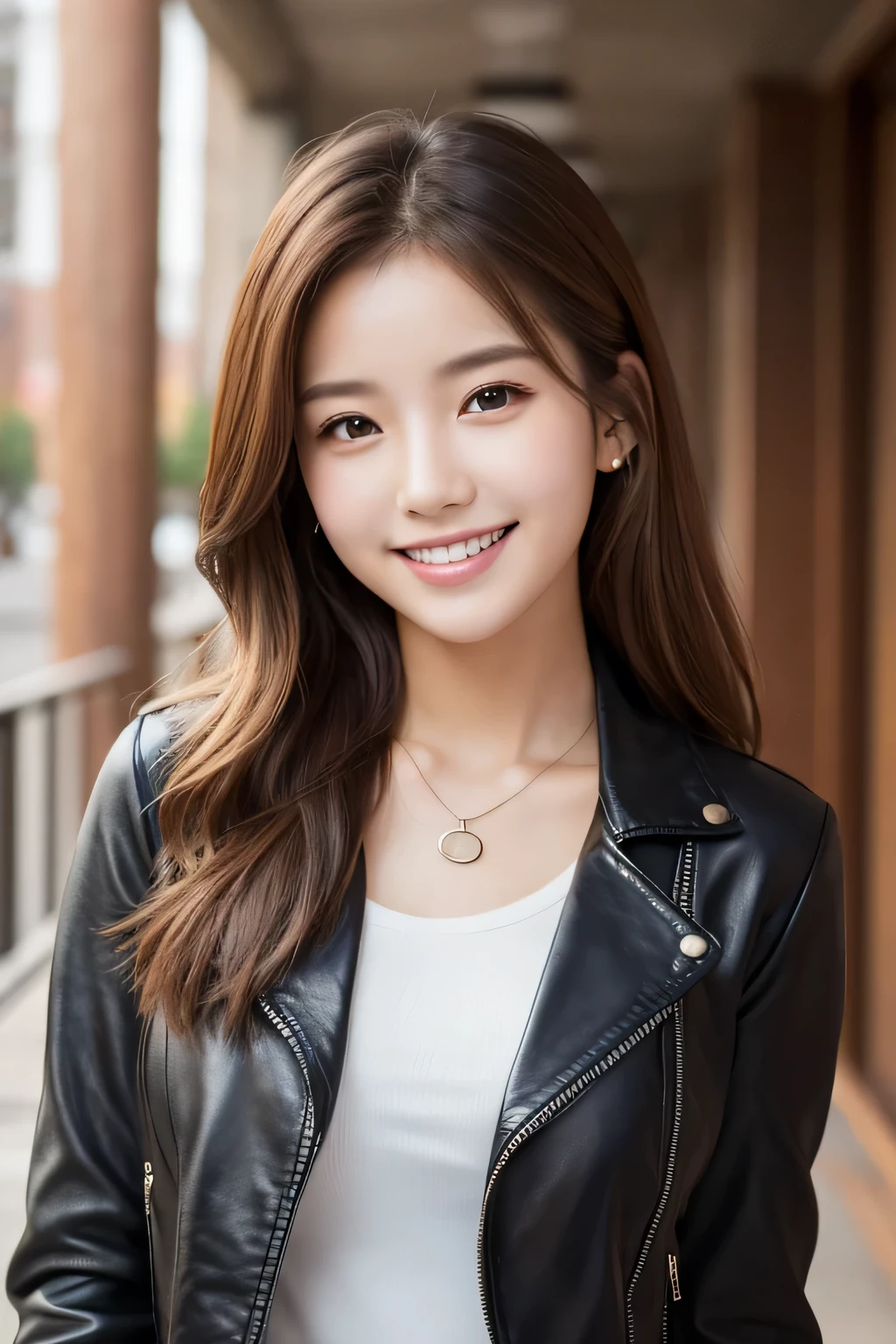 20Beautiful young woman of the year、 Korean women、Light brown hair、Necklace around the neck、leather jacket、shirt、smile, Beautiful teeth alignment、Intricate details, Very detailed:1.2), 、 Looking into the camera,The background is the town