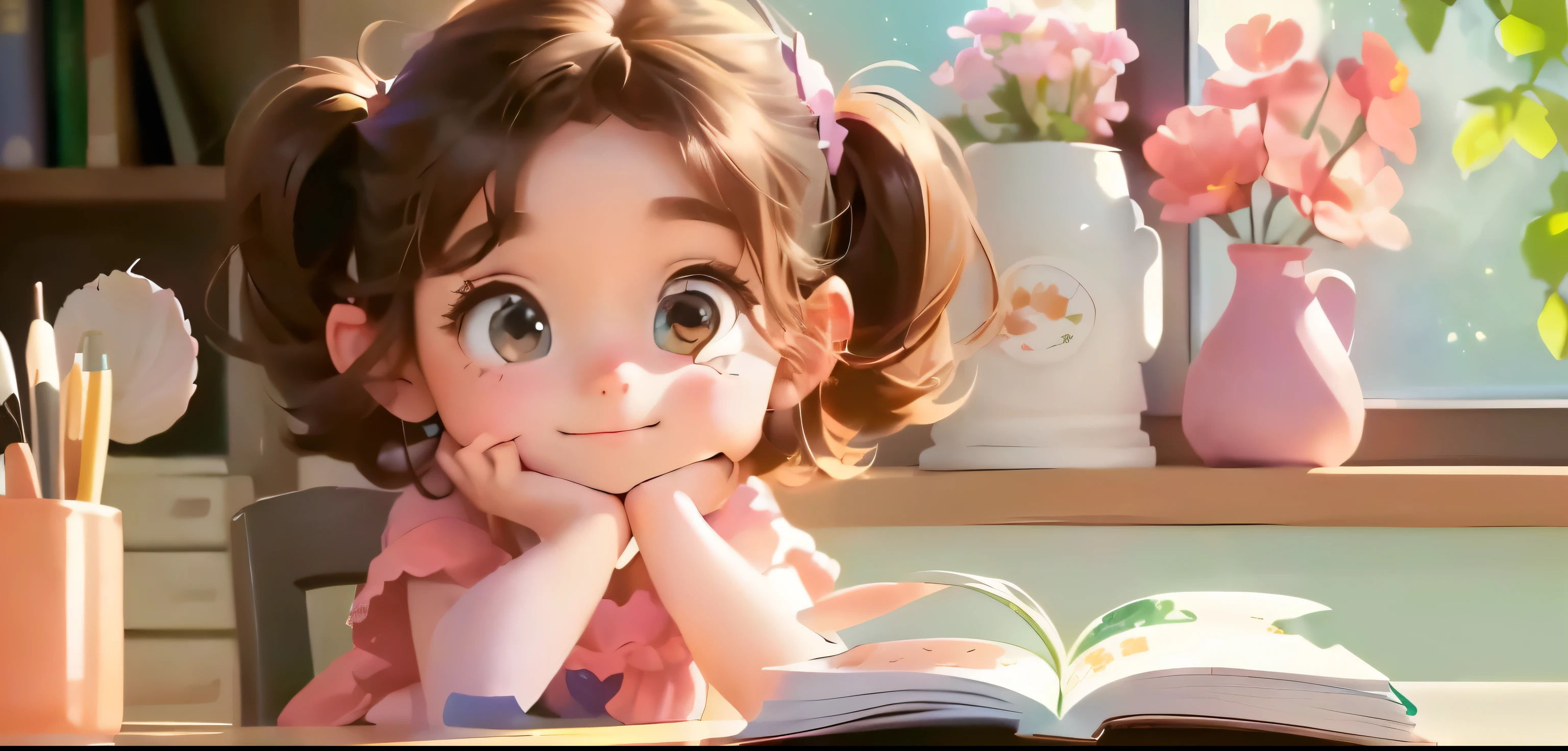 Cartoon girl sitting at the table with a book and a flower, Cute numbers, cute numbersArt, cute cartoon, cute cartoon character, Disney animation style, Realistic cute girl, Fan Art, Lovely and detailed digital art, Lovely characters, Cute Pixar characters, cute cartoon style, Disney Art Style, Disney Art Style, cute cartoon, Lovely artwork