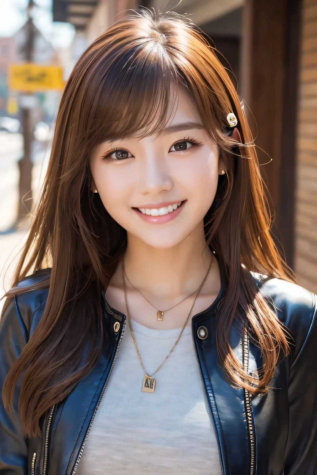 ２０Beautiful young woman of the year、 Korean women、Light brown hair、Necklace around the neck、leather jacket、shirt、smile, Beautiful teeth alignment、Intricate details, Very detailed:1.2), 、 Looking into the camera,The background is the town

