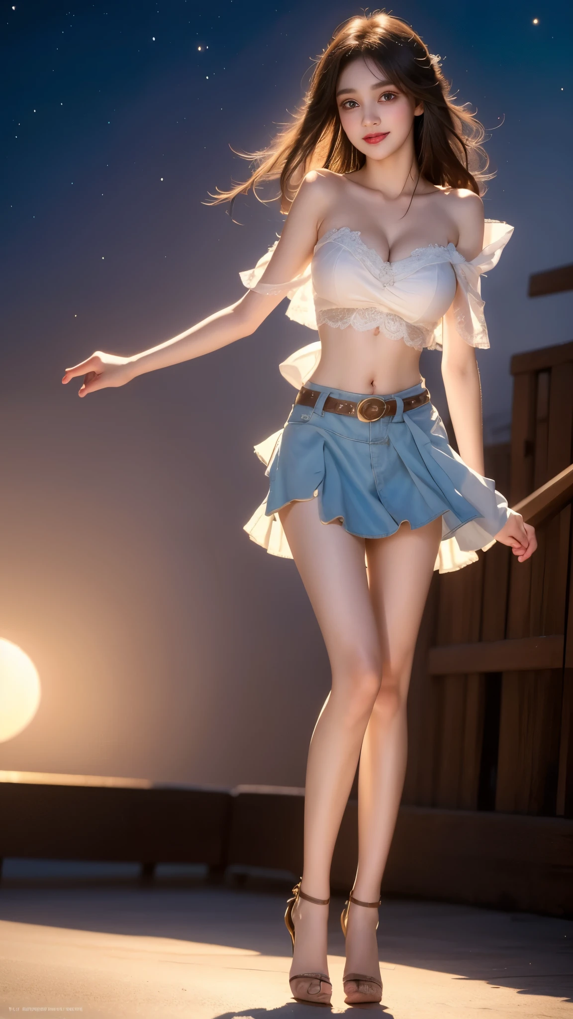  ((Bare shoulders)), ((Full breasts)), ((Very big breasts)), ((The skirt is very short)), ((Very beautiful legs)), ((Standing)), ((cowboy shot)), actual, Fashion Girl, red lips, Mature women, Exquisite makeup, big eyes, beautiful, (best quality, masterpiece:1.2), Super detailed, (actual:1.37), ((Random Scenes, Random shooting angle)), Young and energetic, Charming model, (Exquisite eyes, delicate lips), Show a bright smile, Create stunning girl images, warm color, Extremely saturated colors, Official Art, Extremely detailed CG, Unity 8k Wallpaper, (High Dynamic Range :1.4), (Movie atmosphere),(Soft colors), (Natural skin texture, ultra-actual, Soft Light, sharp),(Very detailed), night, moonlight, ((Correct Legs)), ((Anatomically correct))