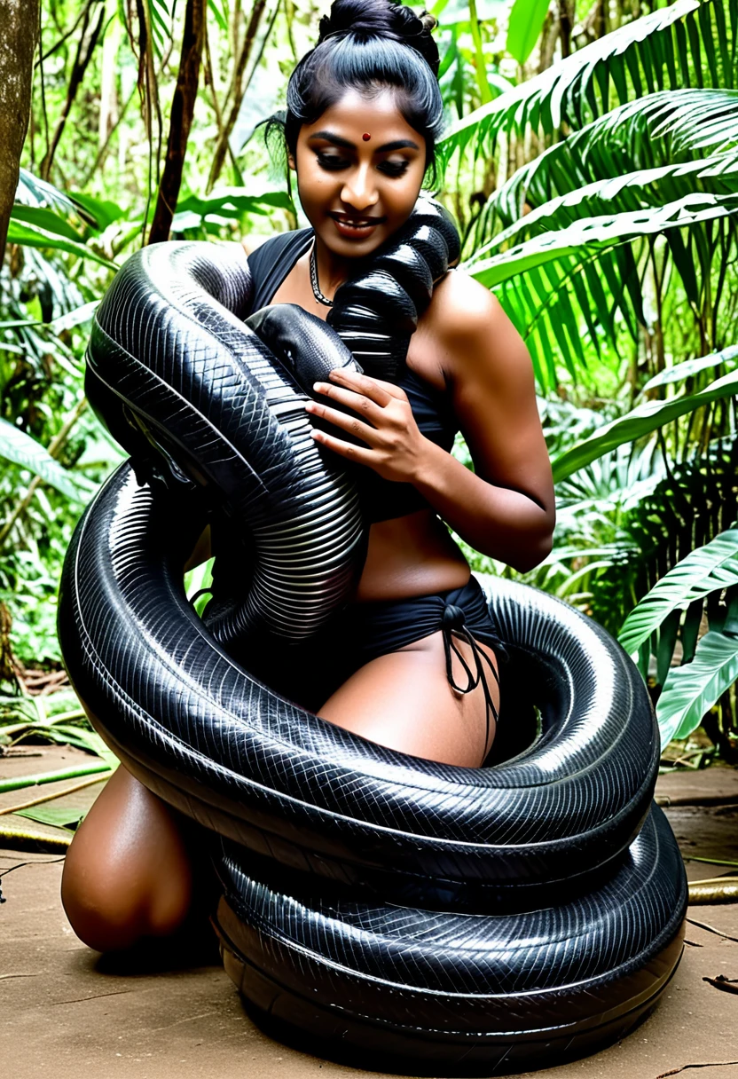 Happy Horny, aroused 1girl), beautiful kneeling Indian teen girl with black giant colossal titanboa squeezing her hard, wrapped in thick spiraling coils, constricted, struggle, gasping for air, snake attack, snake peril, in the rainforest