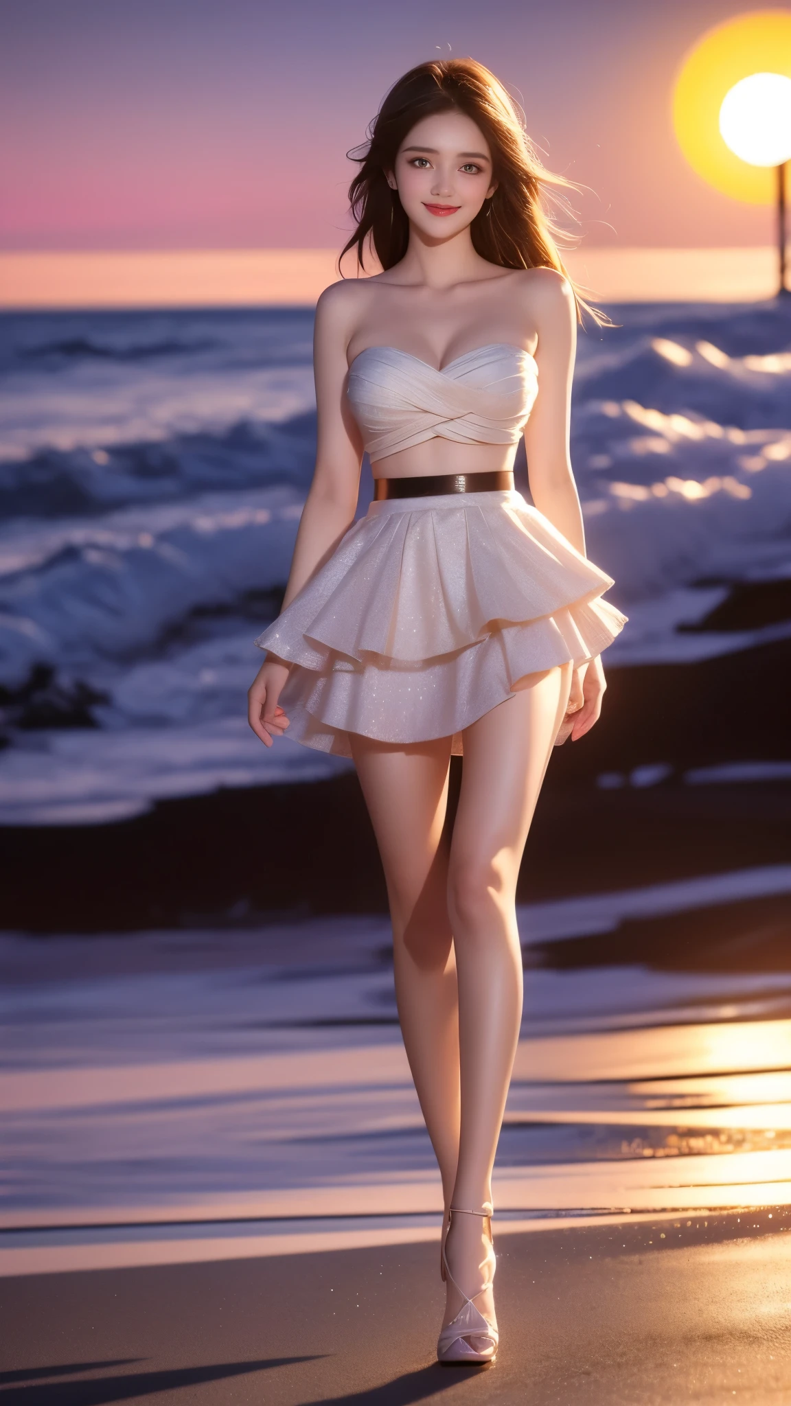 ((Bare shoulders)), ((Full breasts)), ((Very big breasts)), ((The skirt is very short)), ((Very beautiful legs)), ((Standing)), ((cowboy shot)), actual, Fashion Girl, red lips, Mature women, Exquisite makeup, big eyes, beautiful, (best quality, masterpiece:1.2), Super detailed, (actual:1.37), ((Random Scenes, Random shooting angle)), Young and energetic, Charming model, (Exquisite eyes, delicate lips), Show a bright smile, Create stunning girl images, warm color, Extremely saturated colors, Official Art, Extremely detailed CG, Unity 8k Wallpaper, (High Dynamic Range :1.4), (Movie atmosphere),(Soft colors), (Natural skin texture, ultra-actual, Soft Light, sharp),(Very detailed), night, moonlight, ((Correct Legs)), ((Anatomically correct))