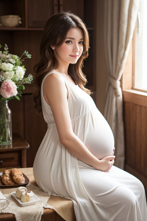 Pregnant women、Caucasian、Brown Hair、Maternity Dresses、sit