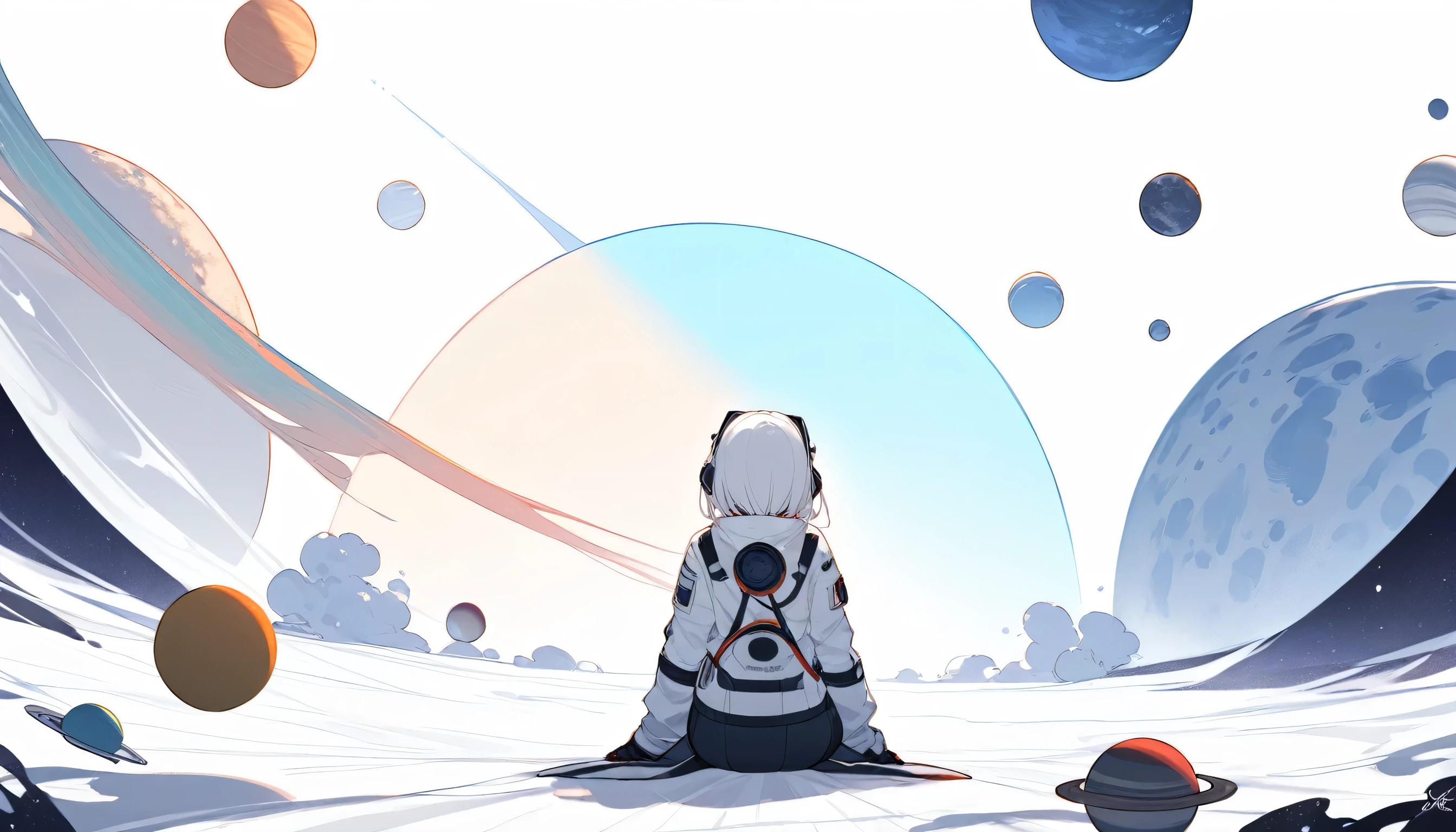 A girl in a space suit sitting on the ground,Back to screen,Several planets of different colors surround him.,Pure white background