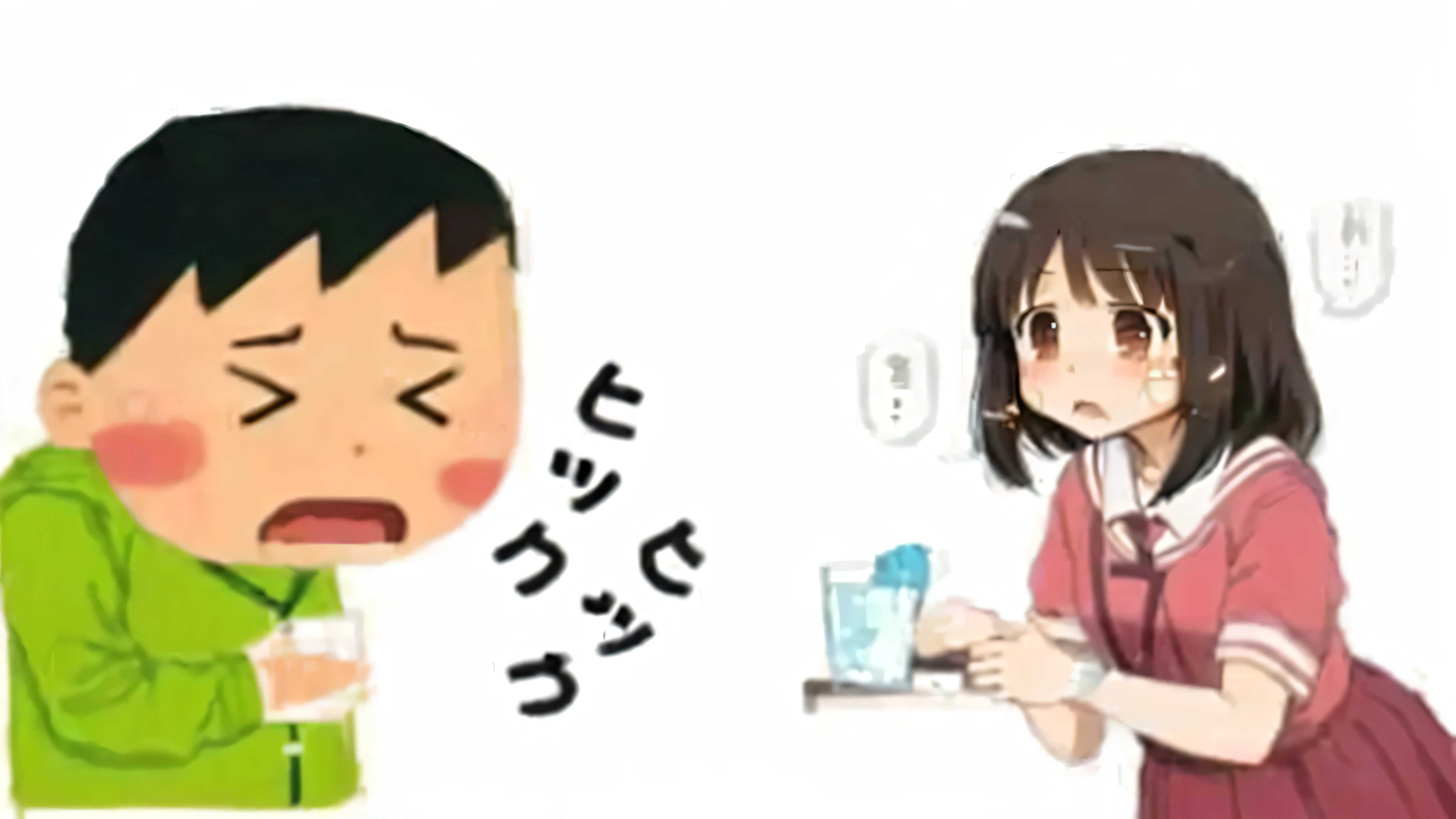 The boy is coughing、A worried girl giving a glass of water, nichijou, A, Ka, Sa, Ta, Na, Ha, On , Anime Twitter, sugar, crying and puking, yuruyuri, Disgust, , sakimi chan, umaru-chan, umamusume