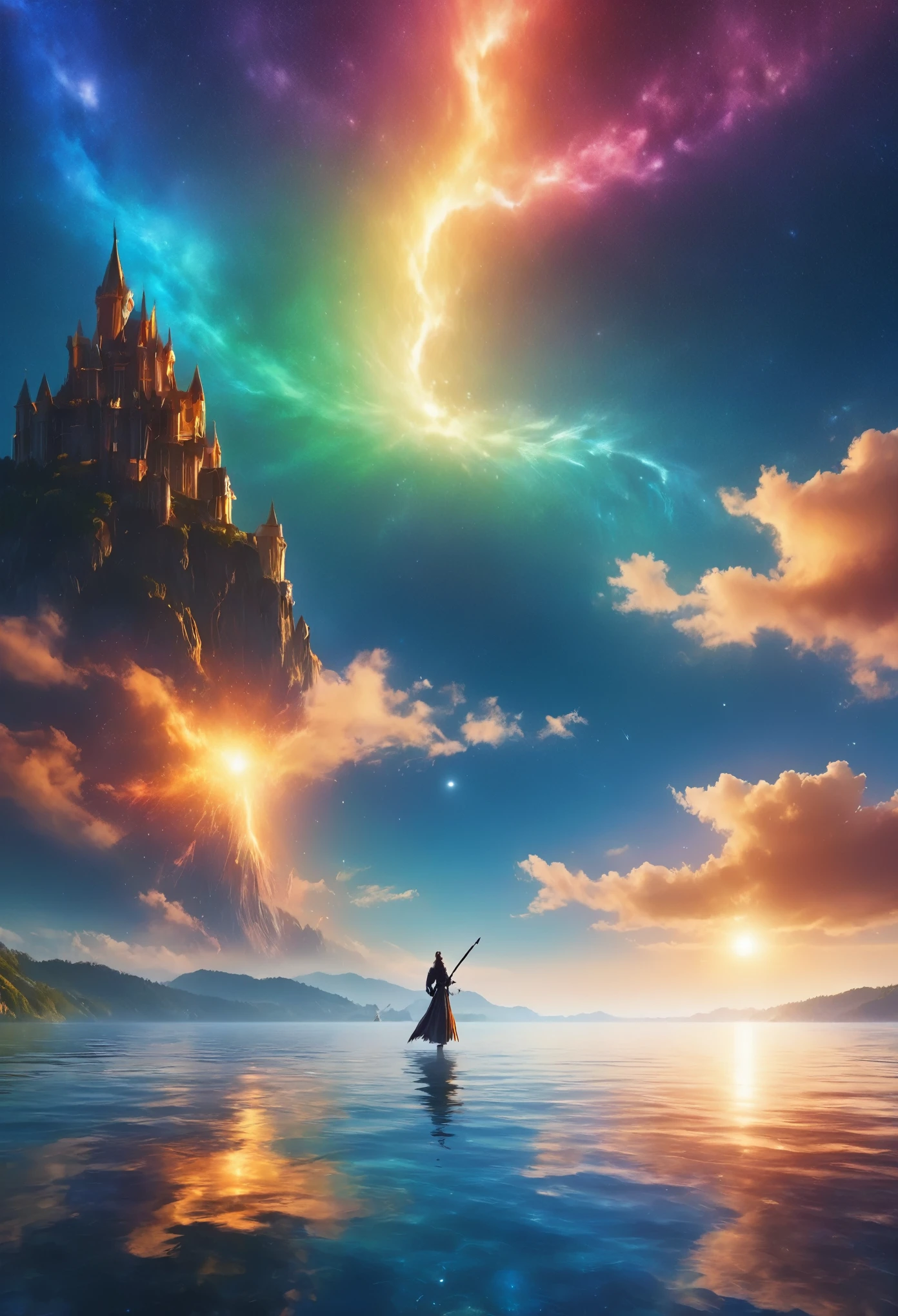 (8k, highest quality, masterpiece, final fantasy style: 1.2), (unRealistic, photoRealistic: 1.37), (one mage lady standing on lake side in distance, huge bouncing bust, with sword with fire:1.1), Dreamy landscape, Fantasy, Unsurreal landscapes, Super detailed, Flying medieval castle, Floating Island in the Sky, Seven-colored swirl of light, (流星のMr.に空を舞う光り輝く尾の長い小鳥:1.3), Aurora, Intense lightning, milky way, Complex Light, Mr.々Colored light, Large Lake, Starry sky reflected on the lake surface, Countless shining stars, Meteors, Many meteors, Aura of, (A pillar of light emanated from the ground:1,2), 複雑な文Mr.の魔法陣,